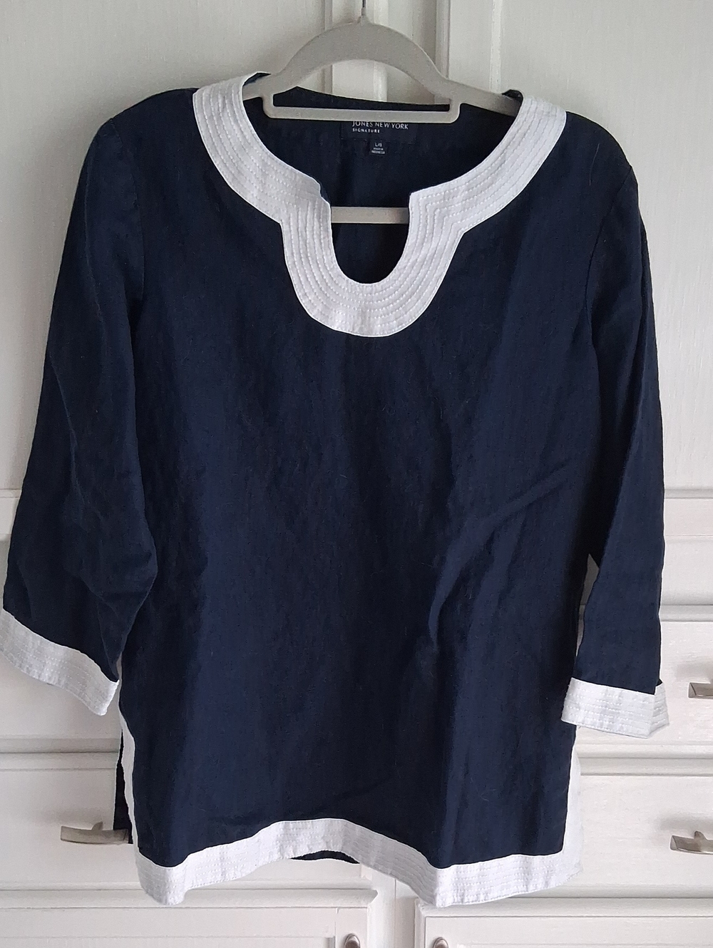 Jones New York Navy Linen Tunic with White Trim